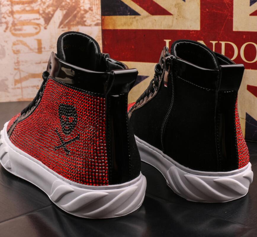 

European Rhinestone Men Shoes Luxury Punk Sneakers Hip Hop Male Platform Flats Chaussure Homme Zapatos Hombre b7, Red
