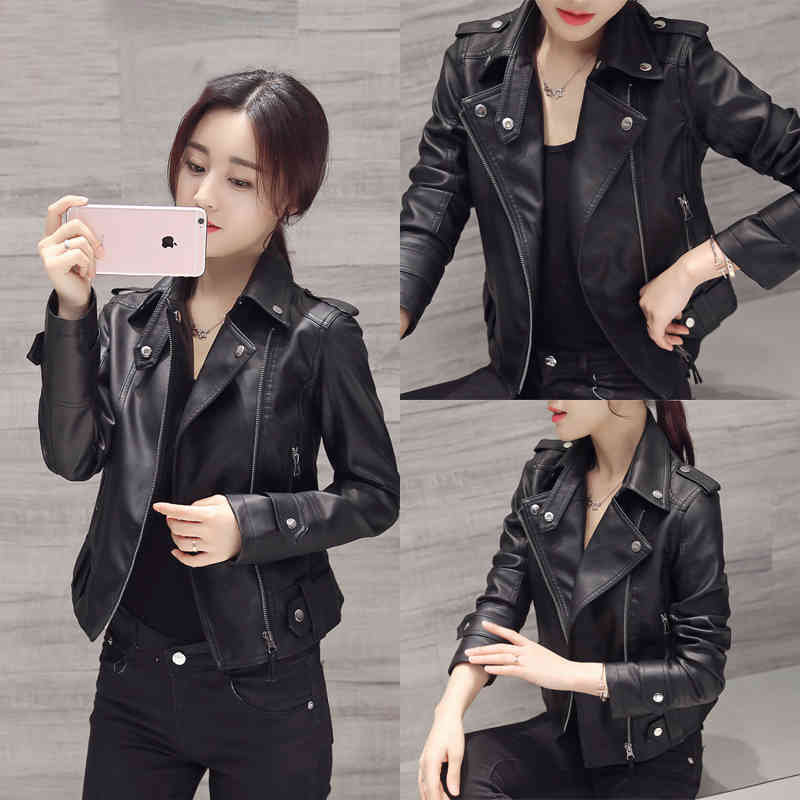 

Spring Autumn Women Short Black PU Jacket Slim Fashion Motorcycle Leather Casual Wild Coat