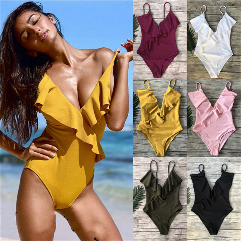 

yellow solid one-piece swimsuit falbala v neck ruffle monokini 2021 ladies beach bathing suit swimwear, White;black