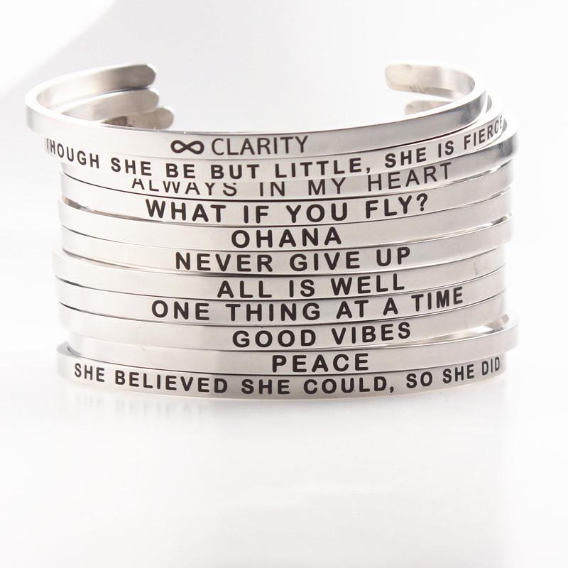 

Bangle Stainless Steel Custom Engraved Mantra Bracelet Inspiration Messages Cuff Love 4mm Bar For Women