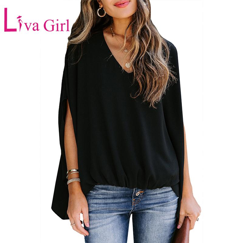 

Woman Draped Blouses 2021 Summer Solid Dolman Sleeves V Neck Blouse Shirts Casual Female Loose Tops Black/White -XXL Women
