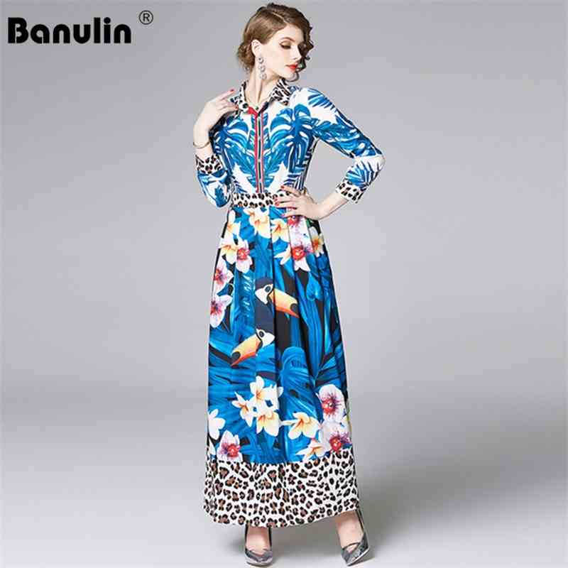 

Banulin Spring Fashion Runway Maxi Dress Women's Long Sleeve Charming Floral Animal Leopard Print Elegant 210603, Blue