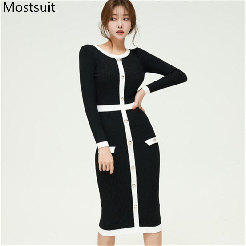 

Korean Knitted Pencil Mid-length Dress Women Autumn Winter Long Sleeve O-neck Single Breasted Buttons Ladies Vintage Party 210518, Pink