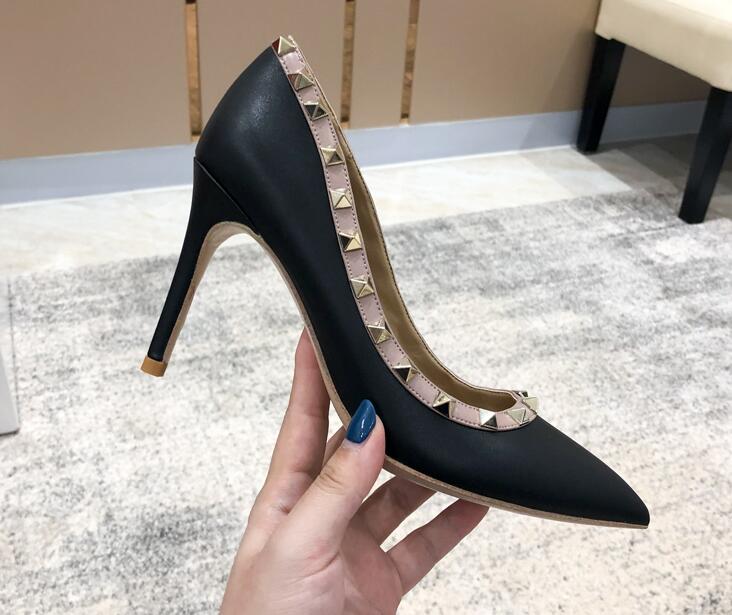 

V brand pumps women high heels shoes with rivets 8cm 10cm thin heel genuine leather pointed toe wedding shoe 34-44 dust bag, Box