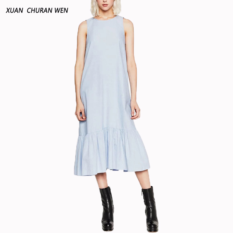 

Women Summer Sleeveless Cotton Dress Casual Loose Sundress Long Tank Flouncing Office Party Vestidos XB63001 210525, Sky blue