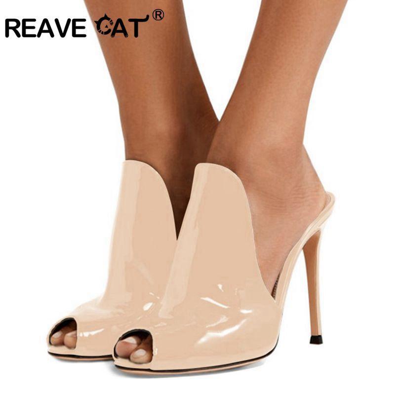 

Slippers REAVE CAT Women Sexy Peep Toe Thin High Heels Mules Slides Party Casual Shoes Woman Big Size 34-45 Black A2178