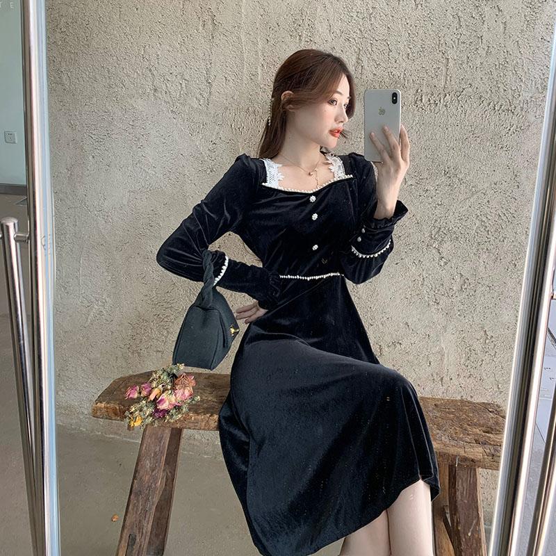 

Casual Dresses FONELY FAIRY Preppy Autumn Style Temperament French Vintage Hepburn Long Sleeve Rayon Dress, Picture color