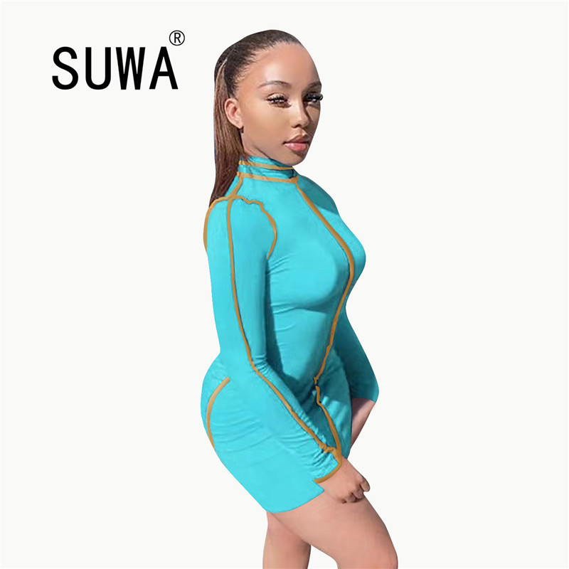 

Product Active Wear Women Autumn Turtleneck Long Sleeve Bodycon Mini Dress Classic Pencil es Party Night Club 210525, Sky blue