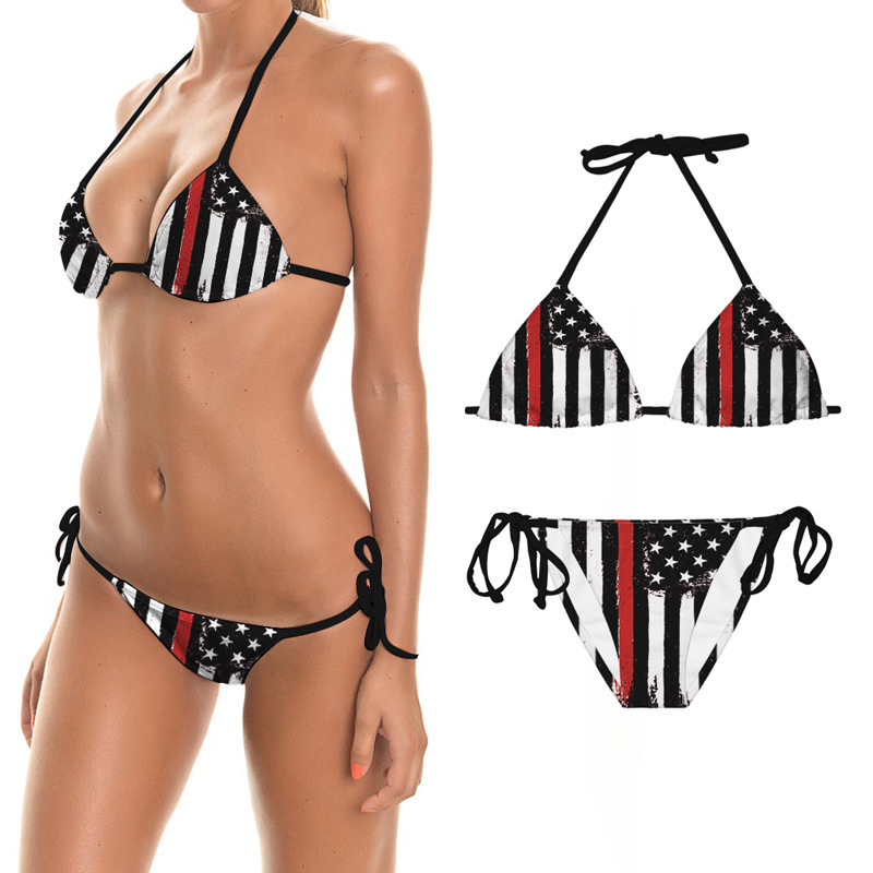 bikini striped square sexy solid lace up split swimsuit-image-710973746