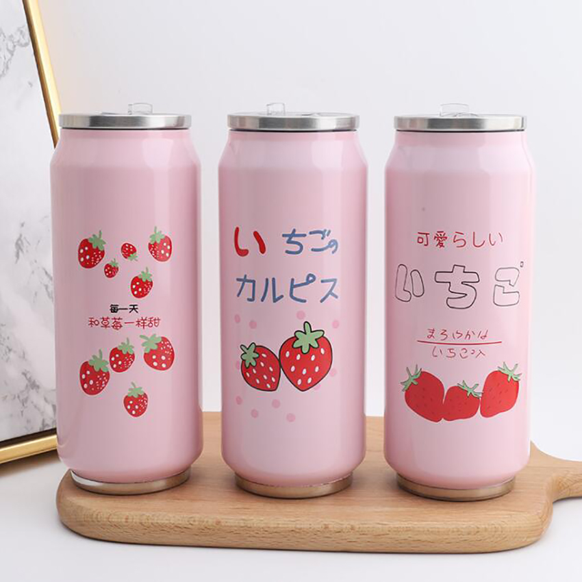 

Cute Strawberry Girly Insulated Water Bottle Stainless Steel Portable Wide Mouth Can Water Cup, 500ml, Travel, Pink