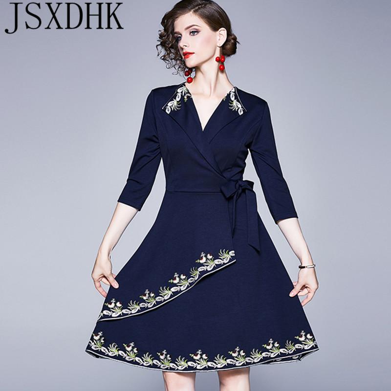 

Women Autumn Winter Elegant Embroidery Dress Female Office Party Robe High Quality Designer Ladies Vintage Vestidos Casual Dresses, Navy blue
