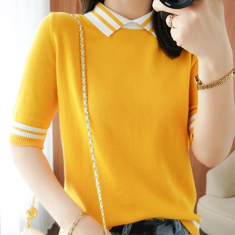 

100% Cotton Short-sleeved Summer Style Ladies Doll Collar Slim-fit Pullover Vest Women' Striped Knitted Bottoming T-Shirt, Sky blue