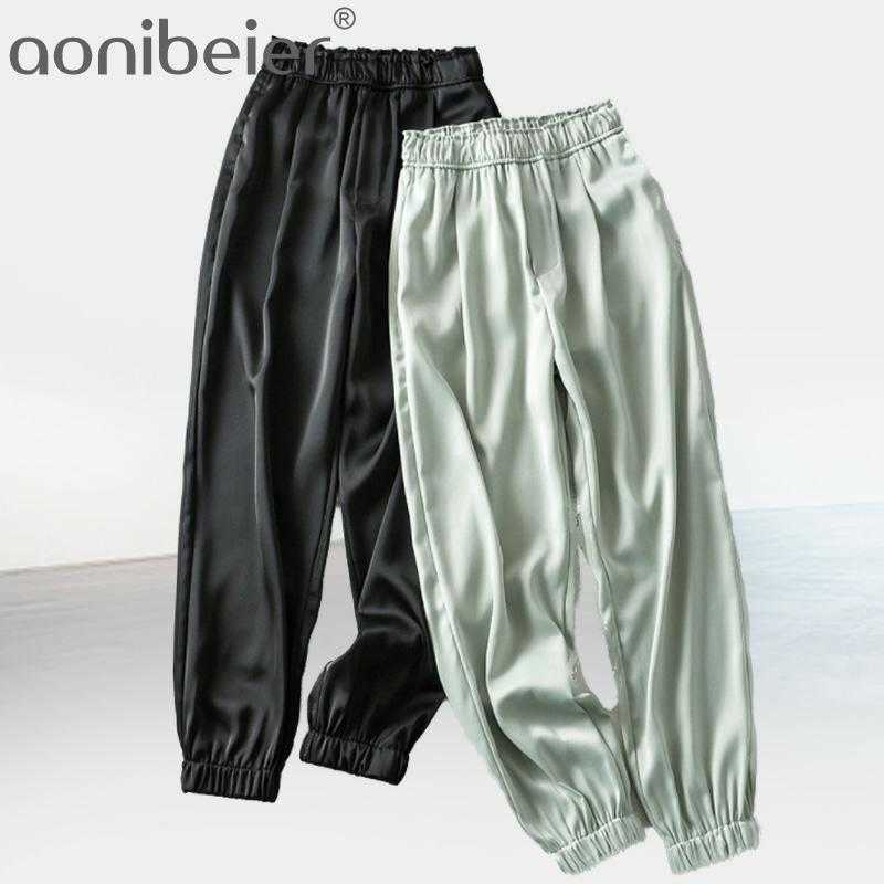 

Women Fashion Solid Satin Joggers Pants High Elastic Waist Long Sweatpants Trousers Female Casual Pencil Bottoms 210604, Black