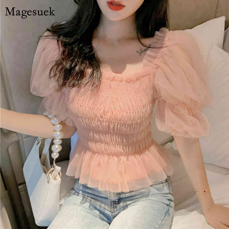 

Korean Pleated Off Shoulder Summer Chiffon Blouse Women Puff Short Sleeve Elegant Woman Shirt Slim Mesh Tops Blusas Mujer 10026 210518, Pink