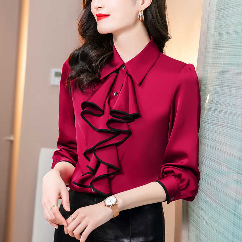 

Long Sleeve White Blouse Office Lady Elegant Ruffle Buttons Shirt Blouse Women Pullover Top Blusa Spring Autumn Plus Size 210604, Burgundy