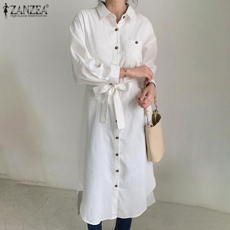 

Elegant Office Ladies Long Shirt Dress ZANZEA Women Autumn Sundress Casual Lapel Neck Sleeve Solid Midi Vestido With Belted Dresses, Black;gray