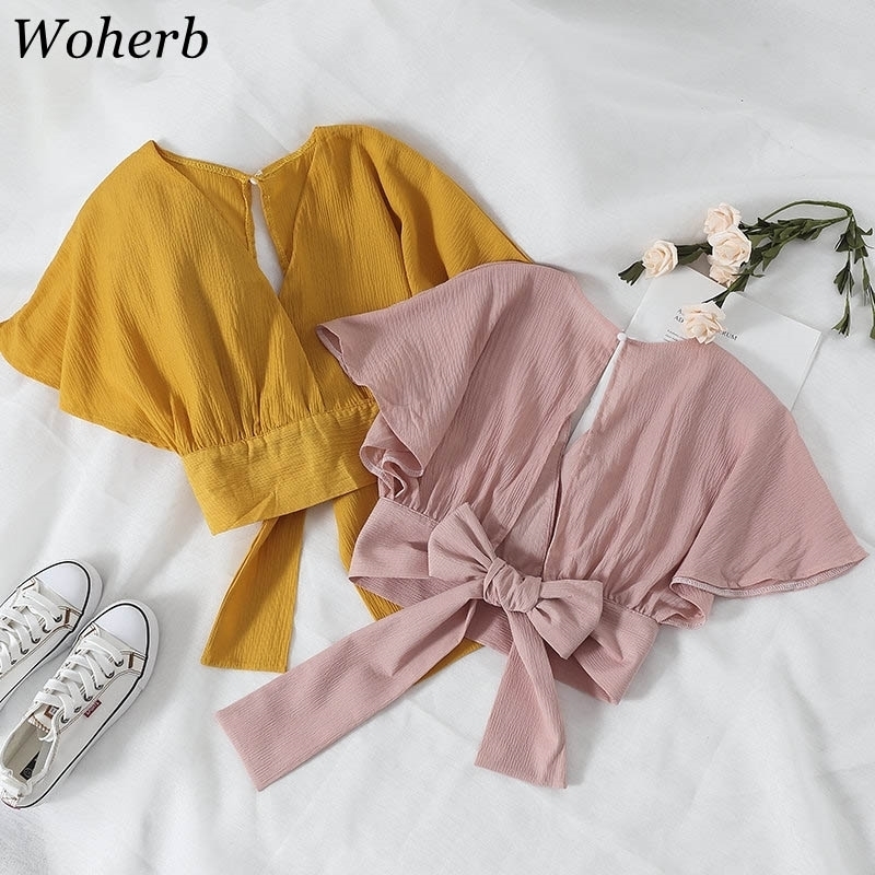 

Woherb Summer Short Sleeve Blouse Women Crop Tops Elegant Back Bow Bandage Shirt Ladies Backless Kawaii Blusas 20904 210320, White