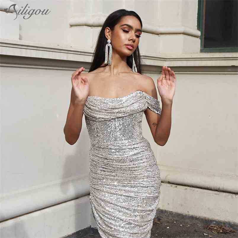 

High Quality Elegant Female Sexy One-Shoulder Open Back Sleeveless Sequined Fashion Drape Split Party Dress 210525, Silver