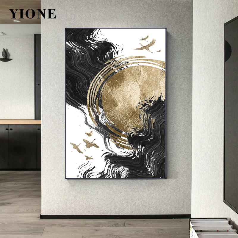 

Paintings Abstract Black Gold Tree Rings Canvas Modern Luxury Birds Splash Ink Wall Art Pictures For Living Room Posters Prints