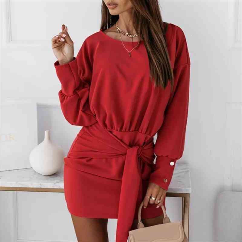 

knot front belt solid bodycon dress autumn fashion drop shoulder long sleeves o neck short dresses for women, Black;gray