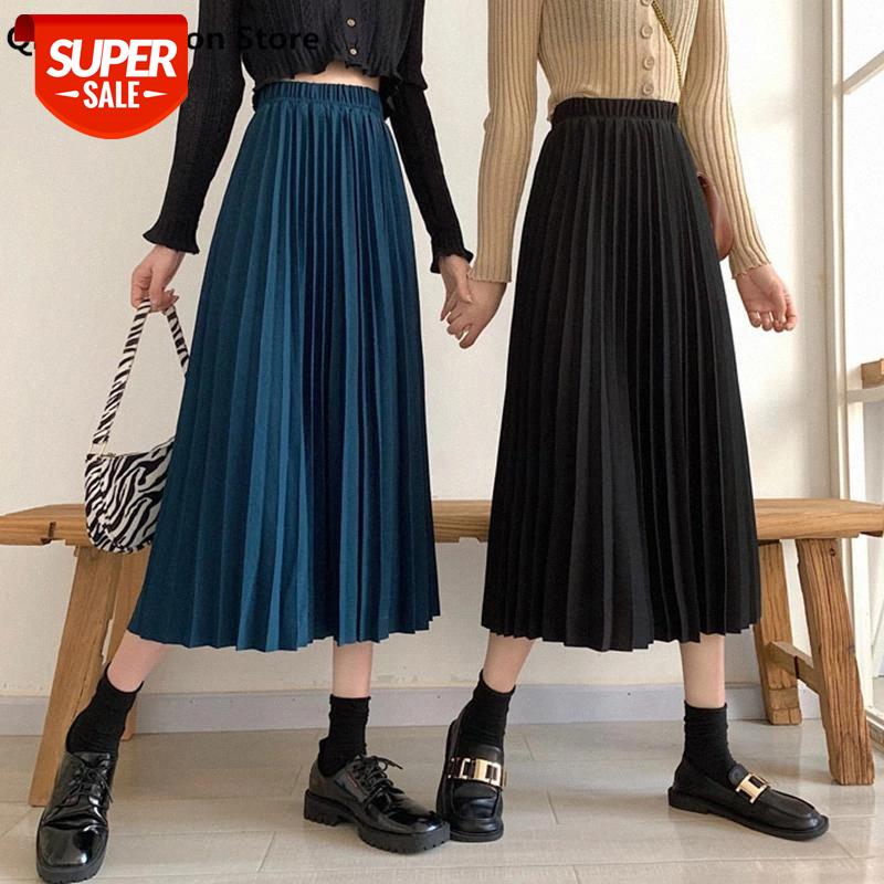 

Qiukichonson Spring Summer Women Fashion Black Pleated Skirt High Waisted A-Line Midi Long Skirts For Teen Girls Jupon #SQ9e