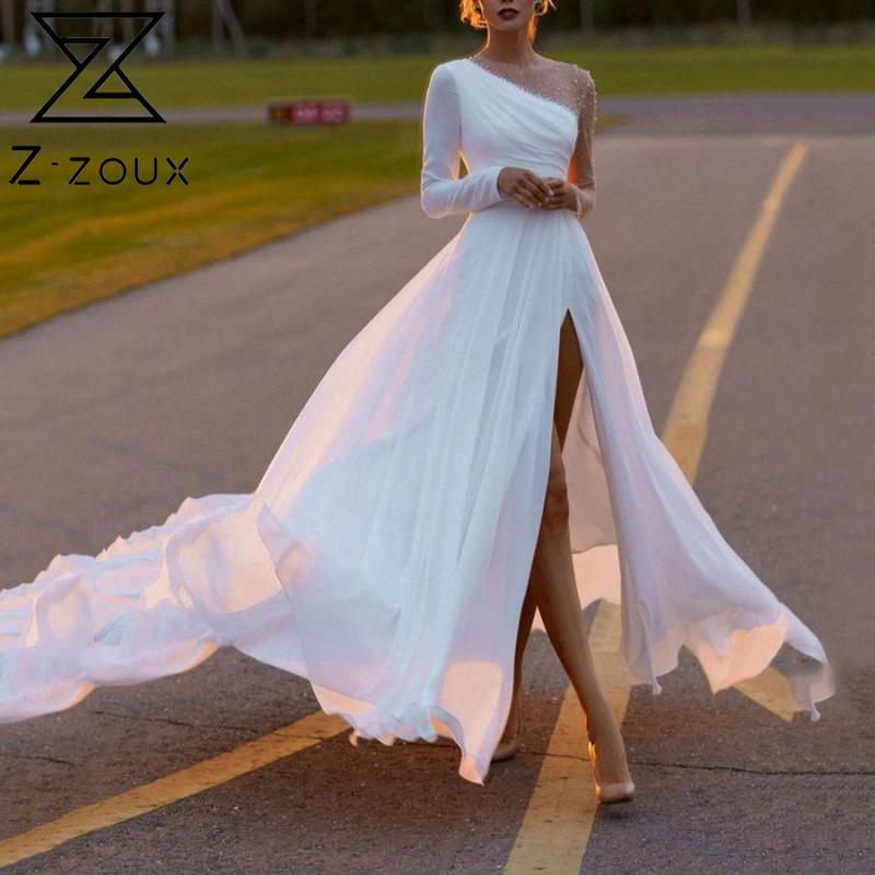 

Women Dress Patchwork Beading Retro Party es Temperament Maxi es Long Sleeve Split High Waist Plus Size 210524, White