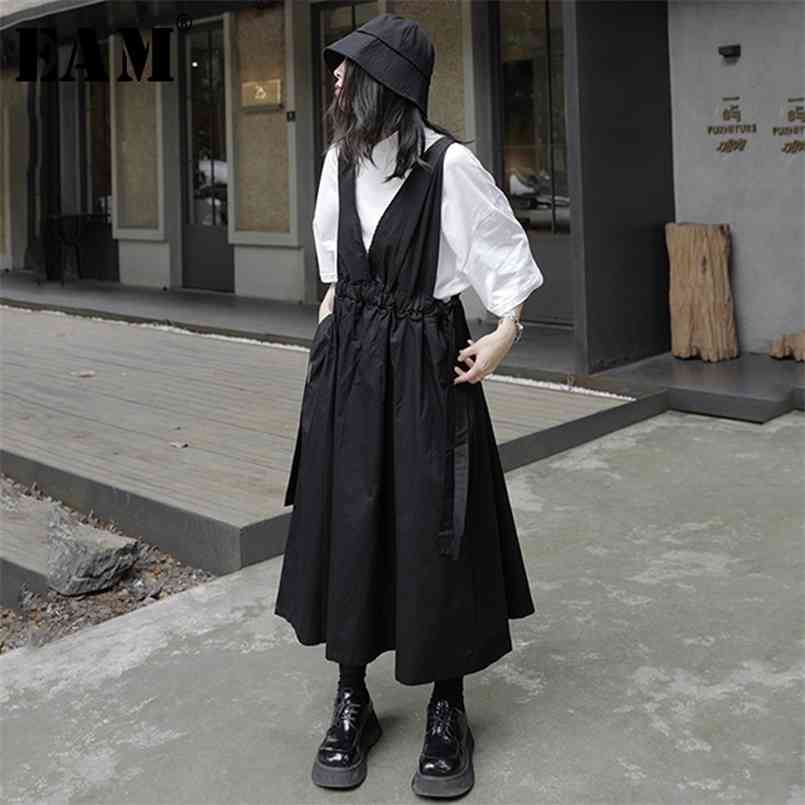 

[EAM] High Elastic Waist Black Pleated Temperament Strap Half-body Skirt Women Fashion Spring Autumn 1Y493 210708