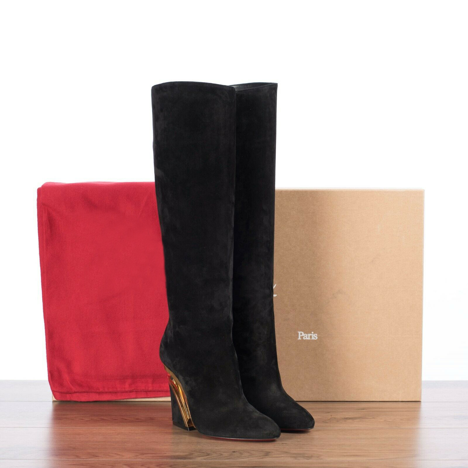 

Famous Brand Red Bottom Boot LEVITIBOTTA 100mm In Black & Gold Suede Sexy Lady Tall Boots Thigh High Over Knee Boots EU35-43 [Originals Box]