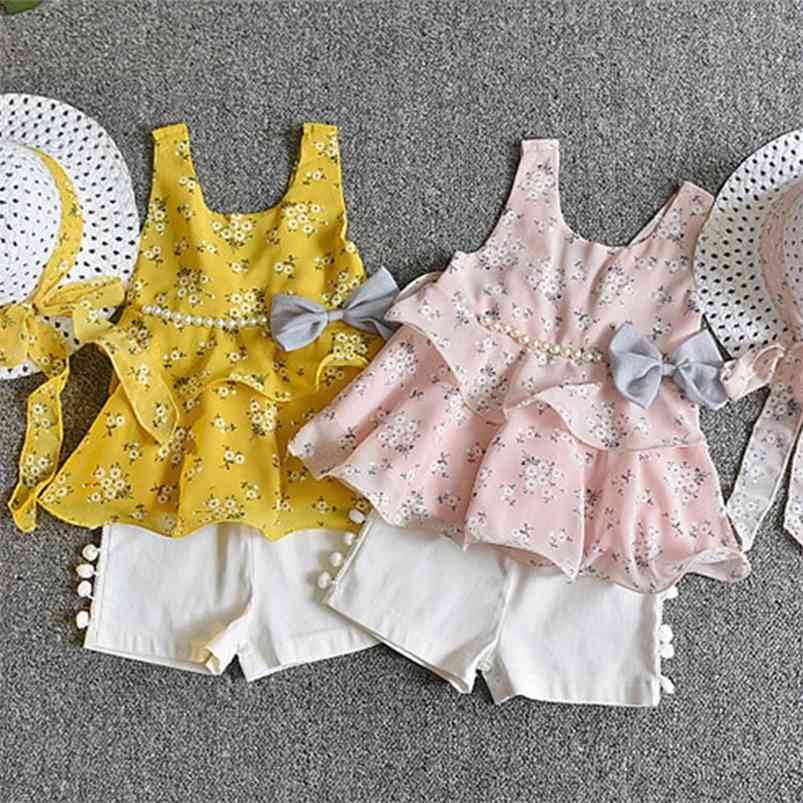 

Arrivals Summer Children Sets Strap Print Floral Pearl Bow Dresses White Solid Shorts Cute 2Pcs Girls Clothes 2-7T 210629, Pink