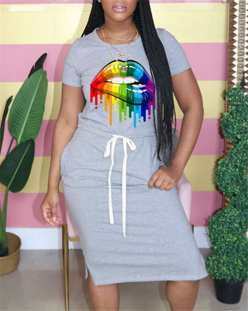 

Designer Woman Lips Dresses Casual Hot Style Sexy Slim Short Sleeve V Neck Dresses Womens Spring Summer Fashion Clothing, Dark blue