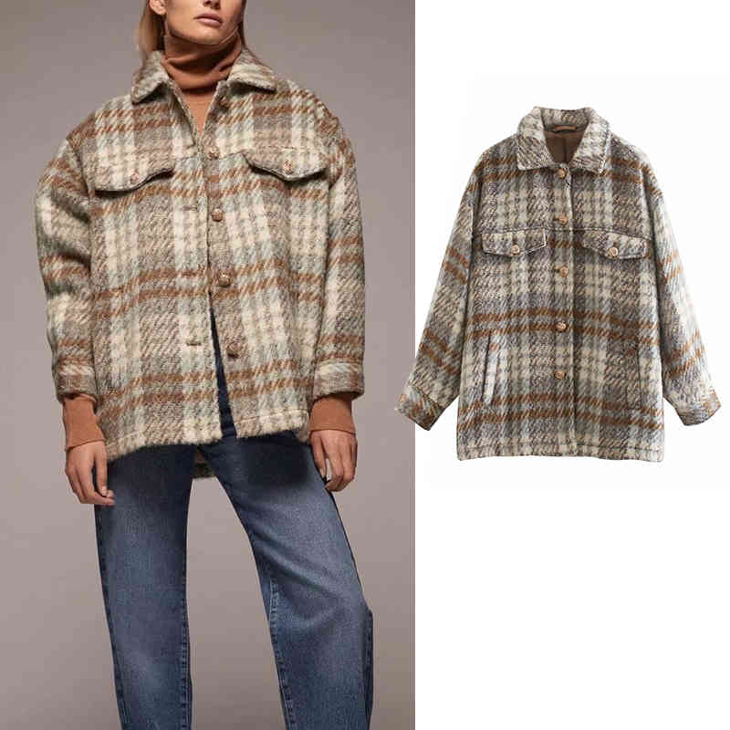 

Women's Down & Parkas autumn wool Turn Collar Woolen Coat Plaid Print Elegant Jacket Autumn Long Casaco Feminino 0QBY, Black