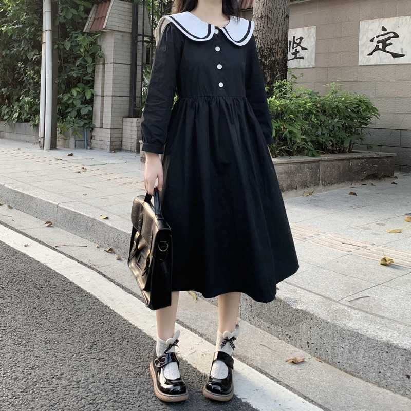 

Cute Doll Collar Ruffled Full Sleeve Long Dress Autumn Gothic Lolita Women Victorian Sweet Skirt 210604, Black