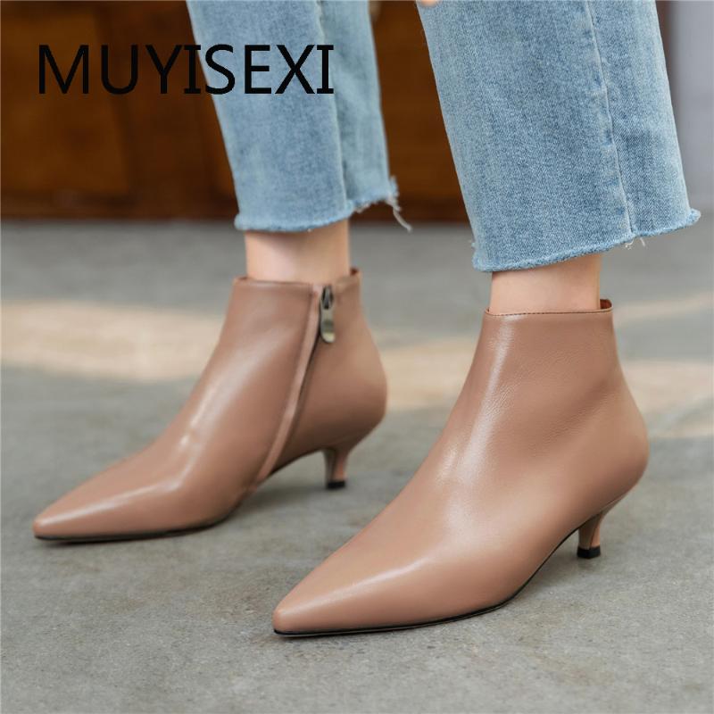 

Boots Sexy Ankle Zipper Genuine Leather Pointed Toe Thin Heels Winter Solid Autumn For Women MING05 MUYISEXI, Black