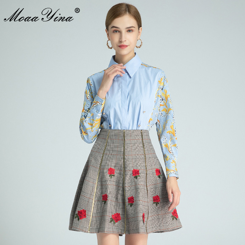 

Fashion Set Spring Women's Long sleeve Baroque Print Blouses Tops+Embroidery Zipper Short skirt Elegant Two-piece set 210524, Multi