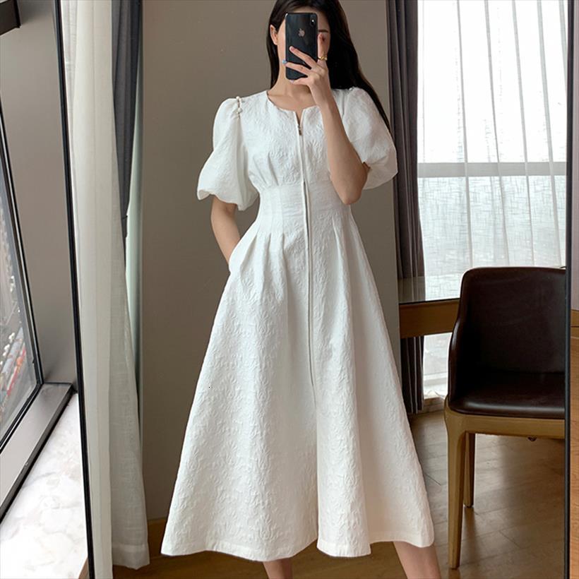 

vintage french holiday white women dress short puff sleeves zipper front a line slim vestidos elegant party summer, Black;gray