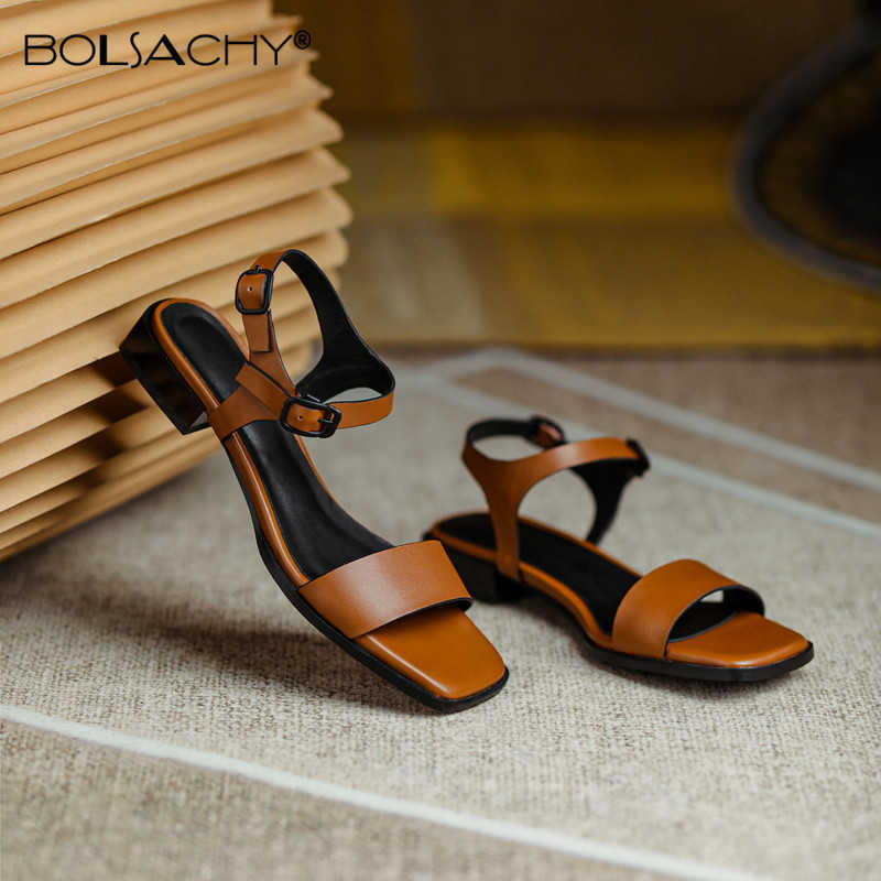 

2021 Summer Shoes Retro Open Toe Square Heel Narrow Band Women Sandals Low Heel Solid Cow Leather Office Ladies Sandals Brown Y0721