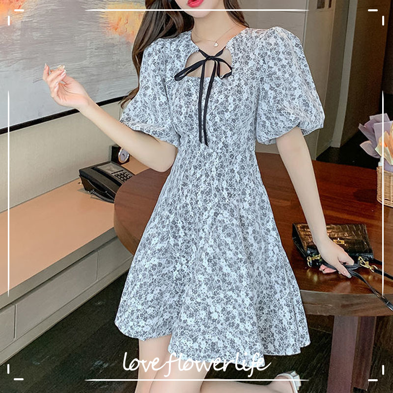 

Korea Elegant Vingate Dress Women Bandage Design Floral Dress Office Lady Puff Sleeve Sweet Party Beach Dress Female Summer 210521, As picture