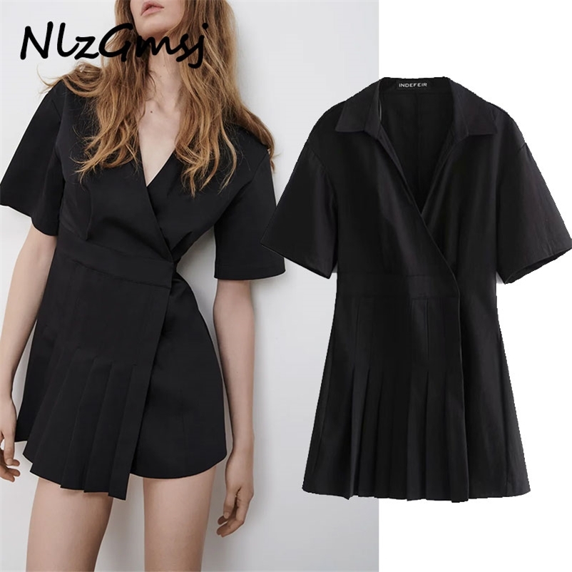 

Dres Black V Neck Poplin Mini Sexy Short Sleeve es Ladies Elegant Wrap Ruched Woman es 210628, As picture