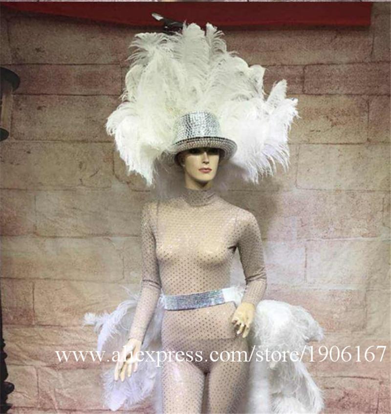 

White Feathers Exaggerated Samba Stage Clothes Catwalk Model Show Nightlcub Bar Dance Team Body Suit Event Feather Headwear Party Decoration