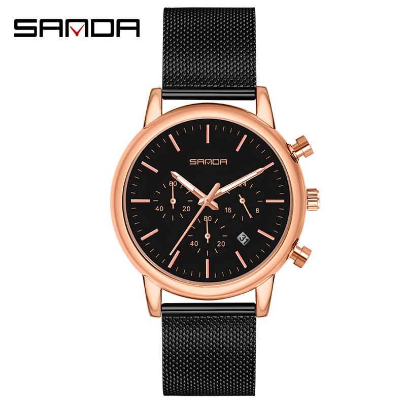 

Wristwatches SANDA Sports Fashion Six-pin With Calendar Waterproof Mesh Belt Business Men's Watch Montre Homme Date Clock Stop Men, Silver