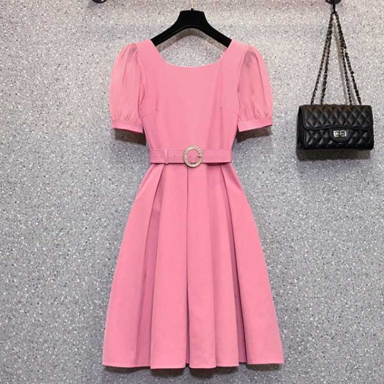 

Women Fashion Pleated Dress Summer Elegant Square Collar Puff Sleeve Girls High Waist Office OL Casual Slim With Belt 210526, Photo color