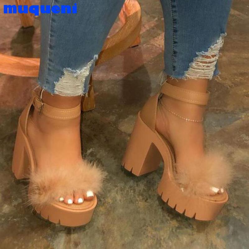 

Sandals Woman Furry High Heels With Fur Female Platform Pumps Women Ankle Strap Women's Wedge Shoes 2021 Summer Drop, Black