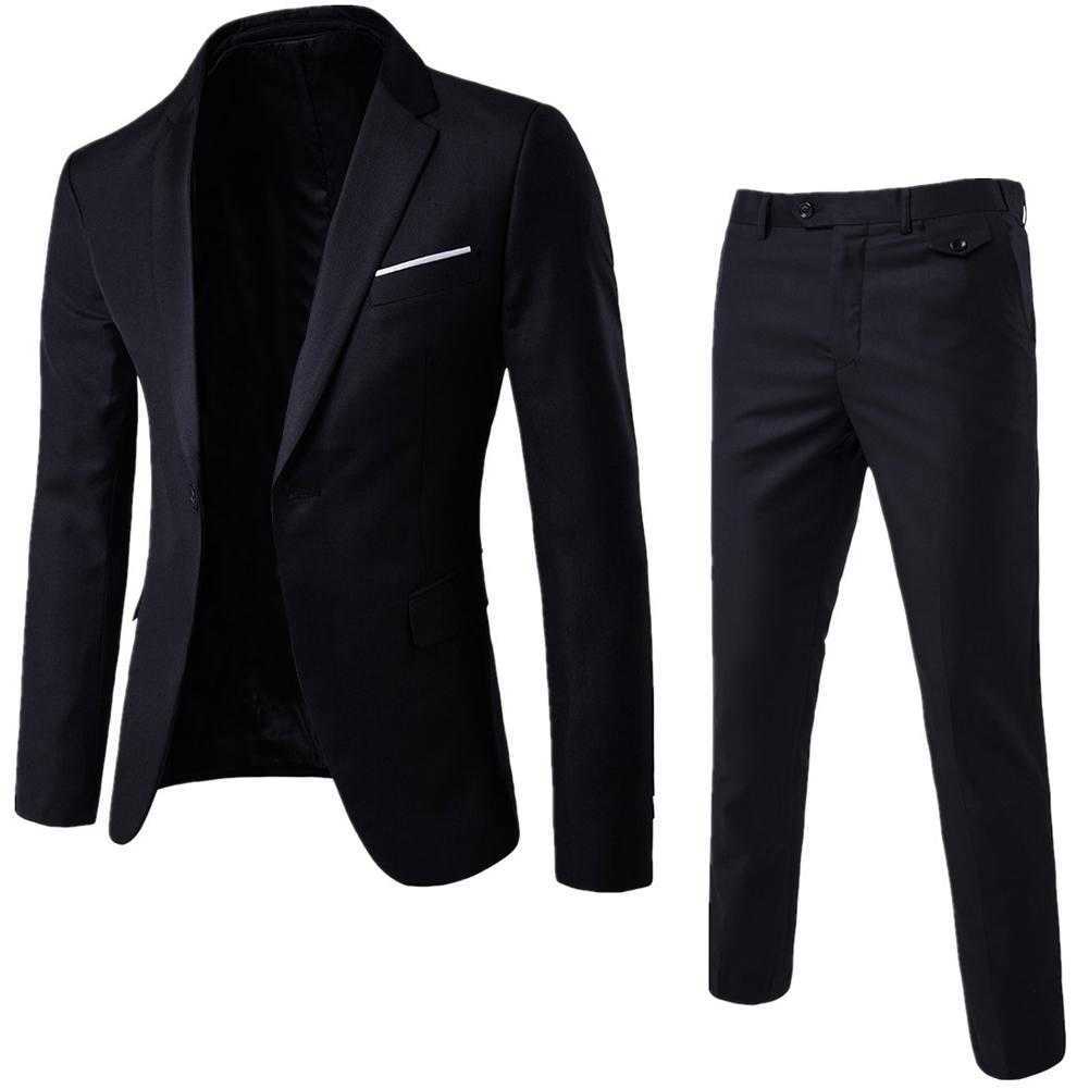 

2Pcs/Set Plus Size Men Solid Color Long Sleeve Lapel Slim Button Business Suit Autumn Fashion Solid Slim Wedding Set Vintage X0601, Light blue