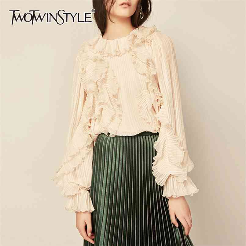 

Elegant Patchwork Ruffle Shirt For Women Stand Collar Long Sleeve Casual Solid Blouse Female Fashion Clothing 210524, Pink