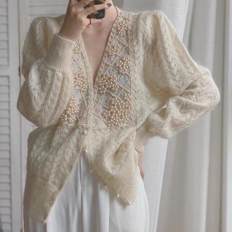 

Pearl inlaid cardigan mohair women sweater jacket female autumn winter outerwear style soft lazy wind, Beige