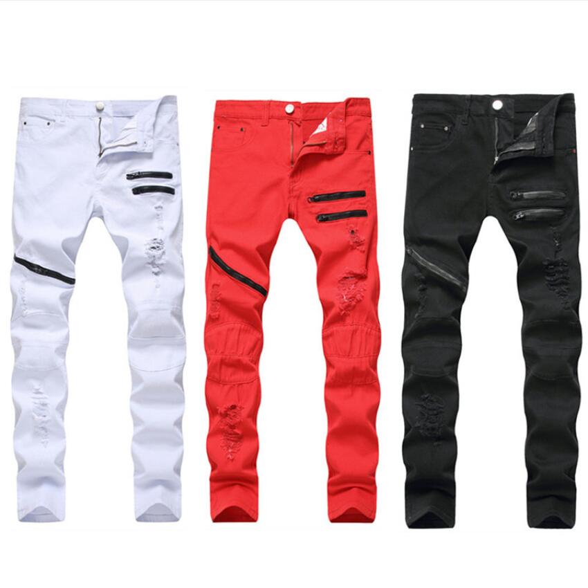 

2021 Menswear zipper design jeans black red white destroyed mens slim denim straight biker skinny men ripped cowboy, Color 3