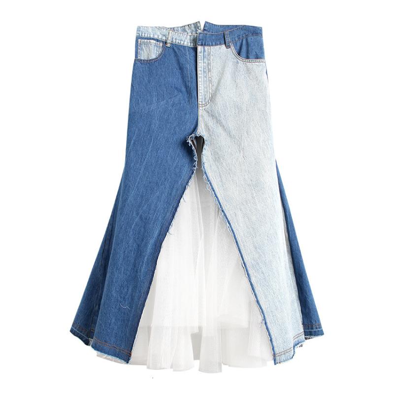 

Skirts MEVGO 2021 Designed Contrary Denim Mesh Patchwork Skirt Heavy Work Irregularity Jeans Splice Trumpet High Street HD2556, Denim blue