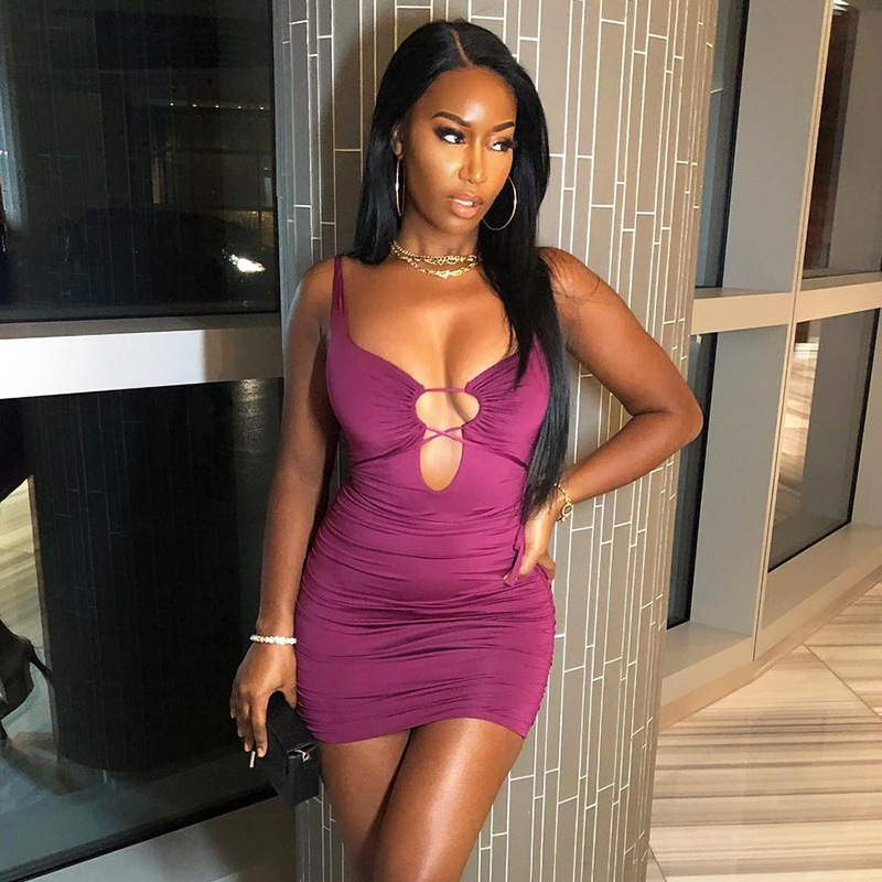 

Spring Arrivals Solid Color Sleeveless Hollow Out Lace Up Fashion Women Mini Suspender Dress MZ889 210525, Purple