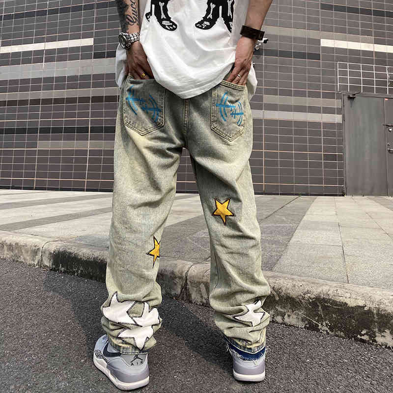 

men's jeans fshion men's brim pants high street five stars embroidered retro casual harajuku jeans washed straight over oversize l, Blue