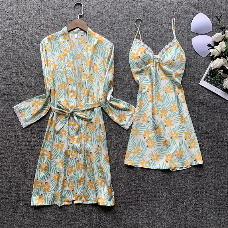

Sexy Nightwear Spring Summer New 2 Piece Set Women Night Dress Silk Robe Bathrobe Nighty For Ladies Sleeping DressFree shipping by air, Beige